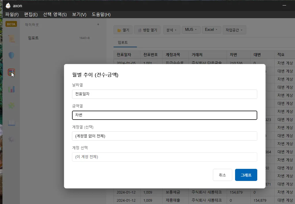 가상 거래처와 합성 금액으로 구성한 Axon 원장 분석 결과