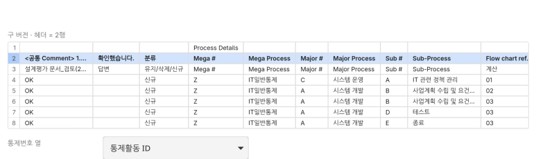 RCM 헤더 인식과 통제번호 열 선택